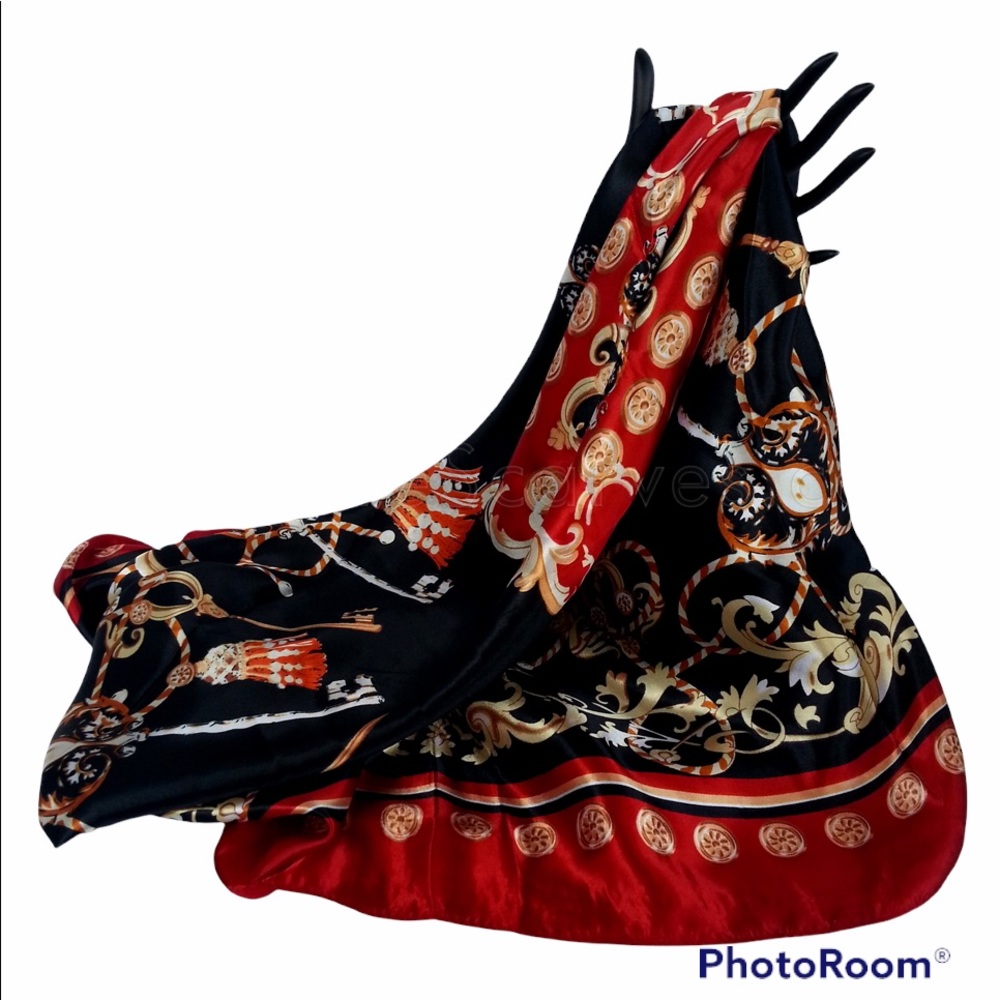 "Elizabeth” satin polyester scarf, Red/black $6.99 Shipping NWOT 35” square